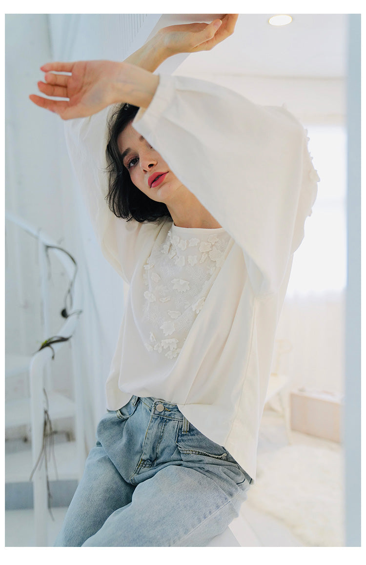 Embroidered irregular shirt for women, loose long sleeved autumn top, fresh white shirt for women, fashionable