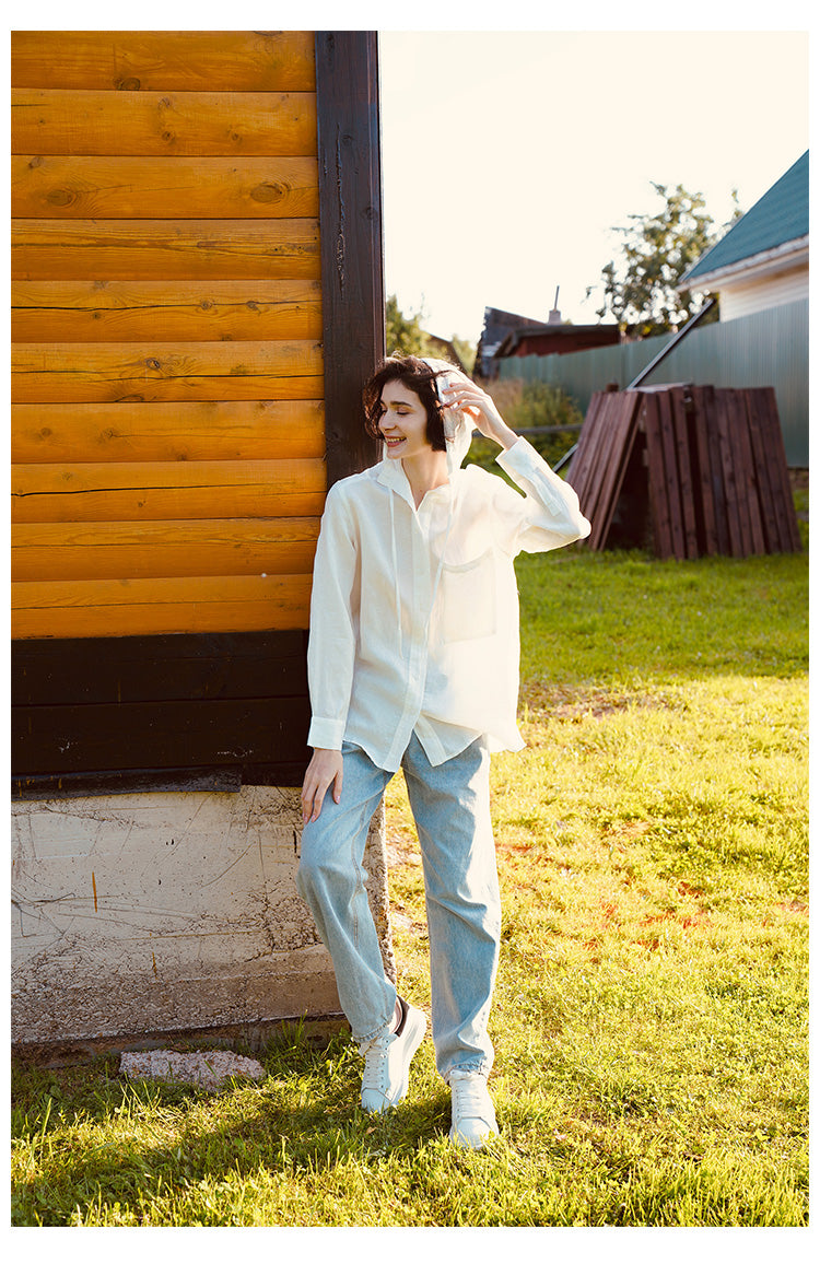 Tencel Linen Hooded Shirt for Women, Unique Design, White Loose-Fit Stylish Shirt for Women, New Autumn Long Sleeve