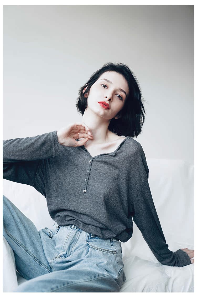 Temperament Knitted Women's Long Sleeve Summer Top Thin Black Grey Women's Loose Casual Sunscreen T-shirt