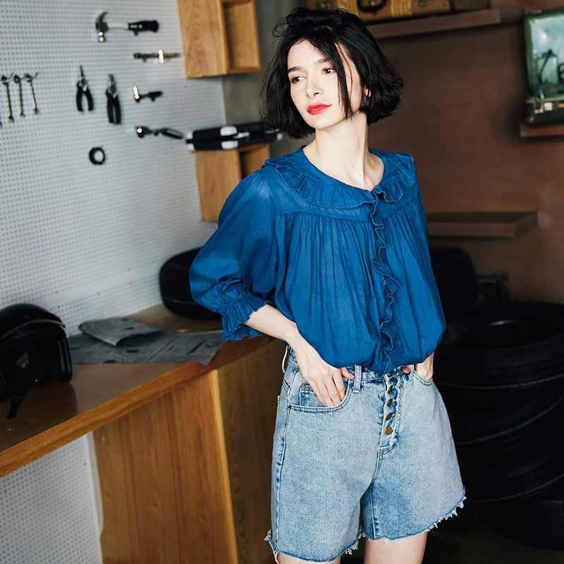 Ruffled Pleated Linen Top with Unique Design for Women, Doll Shirt, Sun Protection Shirt for Women Summer Style with a Western Touch