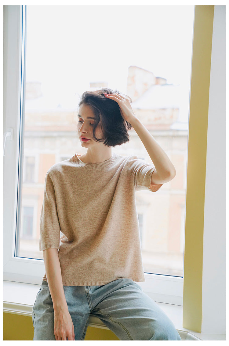 Merino Wool Autumn Women's New Loose Pullover Knitted Top Early Autumn Knitted Sweater Women's Short Sleeve with Scarf