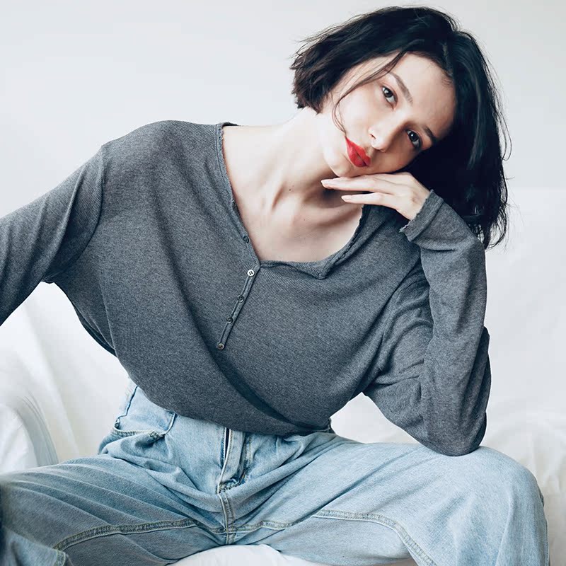 Temperament Knitted Women's Long Sleeve Summer Top Thin Black Grey Women's Loose Casual Sunscreen T-shirt