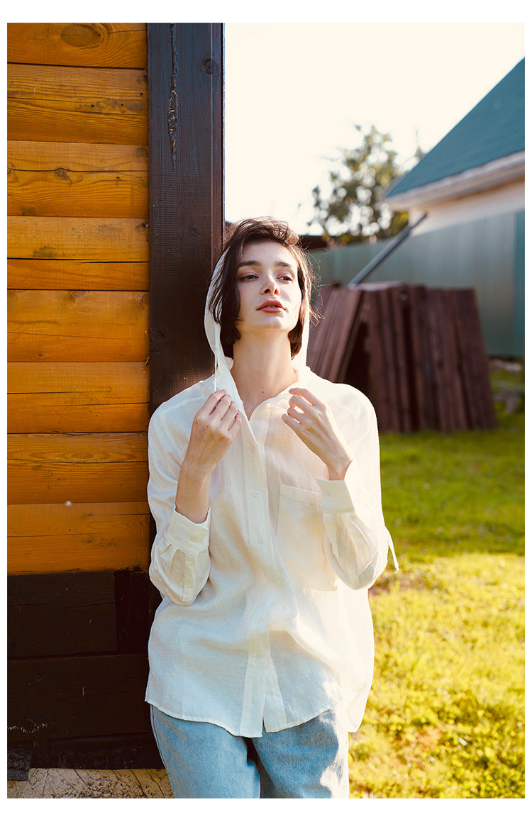Tencel Linen Hooded Shirt for Women, Unique Design, White Loose-Fit Stylish Shirt for Women, New Autumn Long Sleeve
