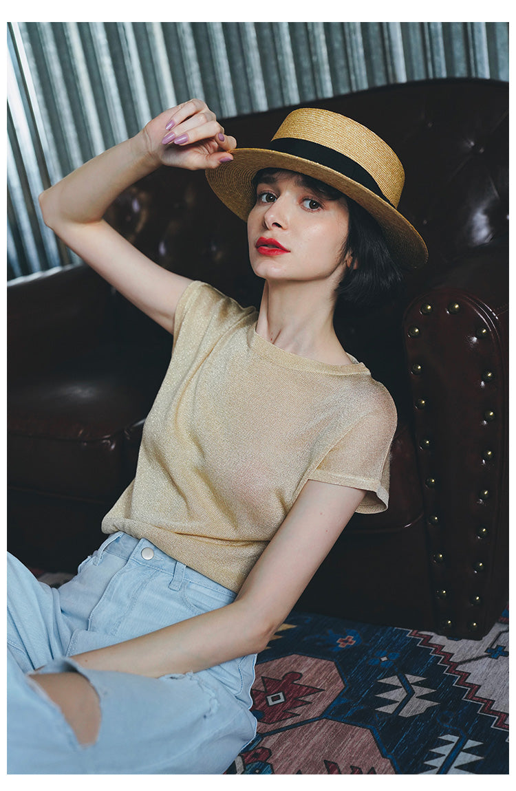 Gold Thread Blend Draped Knit Short Sleeve Women's Elastic Waist Top Summer New Solid Color t Women's Thin T-Shirt