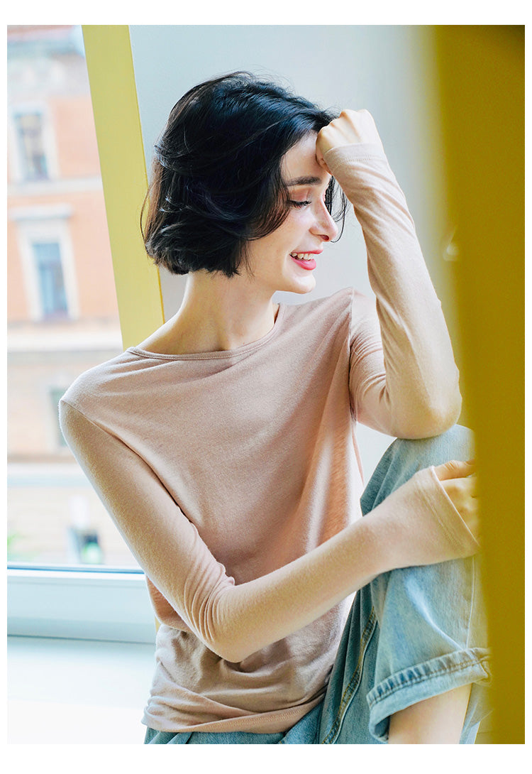 Woolen slim fit t-shirt for women in early, long sleeved knitted base sweater for women, thin cut
