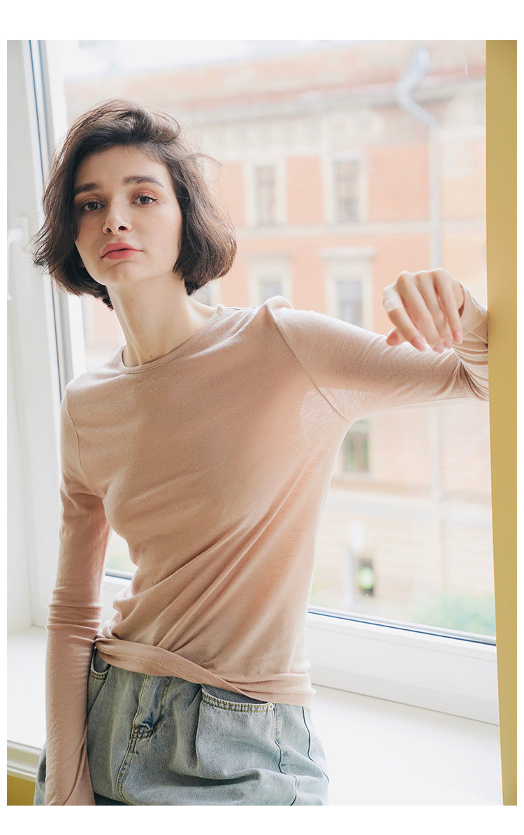 Woolen slim fit t-shirt for women in early, long sleeved knitted base sweater for women, thin cut