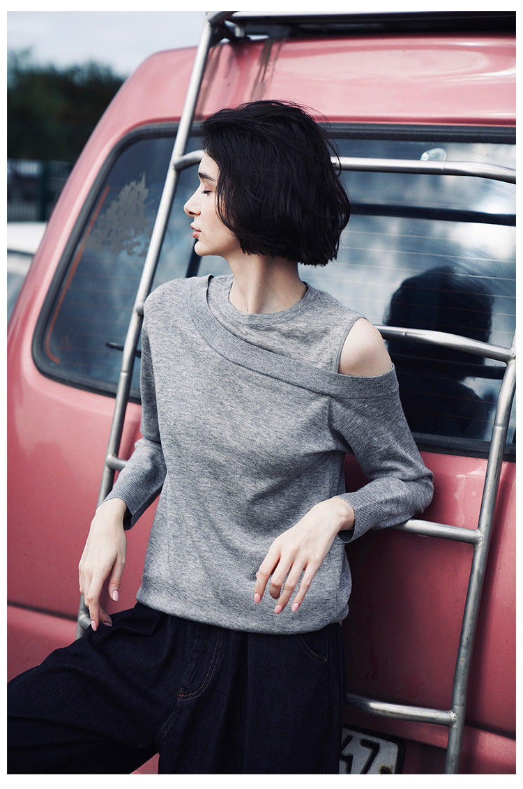 Fake Two-Piece Loose Pullover Knit Sweater Autumn New Women's Round Neck Off-Shoulder Top Early Autumn Knit Pullover Thin