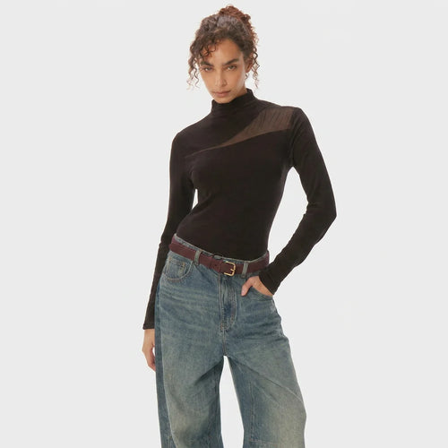 Asymmetric Mesh Panel High Neck Fitted Long Sleeve Top - Black