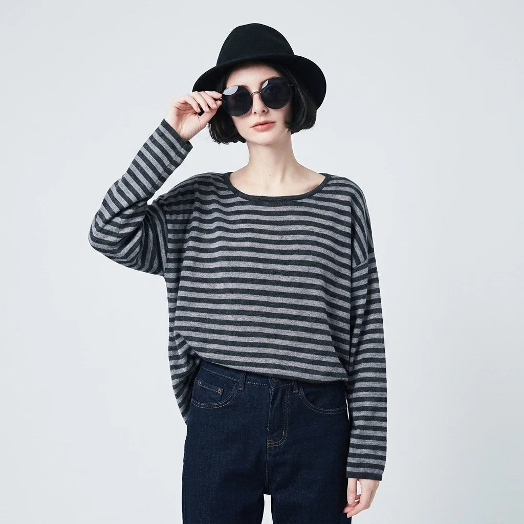 Casual Classic Striped Loose Knitted Top Women's Long Sleeve Knitted Shirt