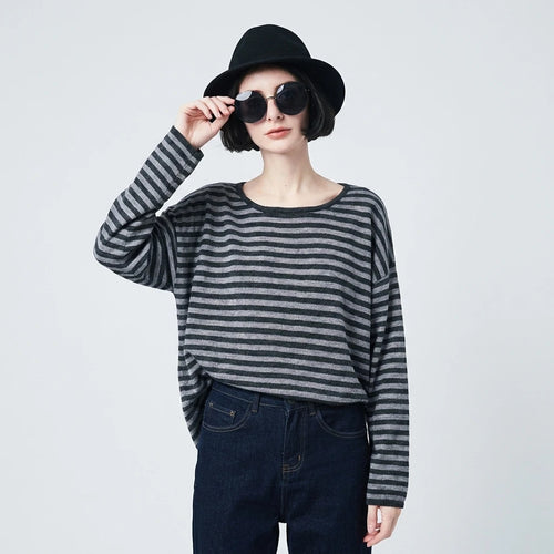 Casual Classic Striped Loose Knitted Top Women's Long Sleeve Knitted Shirt