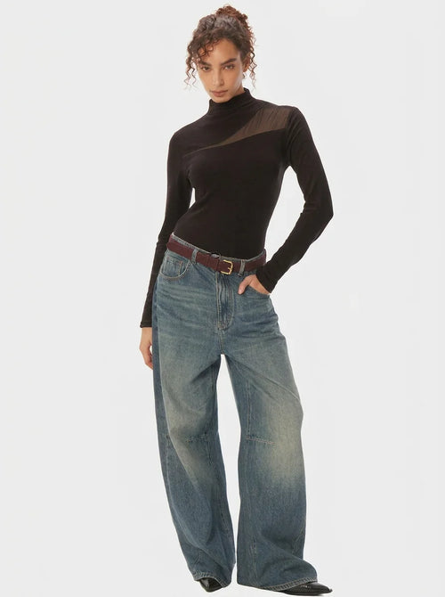 Asymmetric Mesh Panel High Neck Fitted Long Sleeve Top - Black