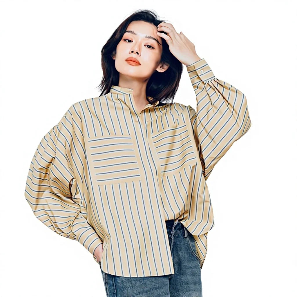 Women's Asymmetric Striped Button-Down Shirt - Loose Fit Casual Top