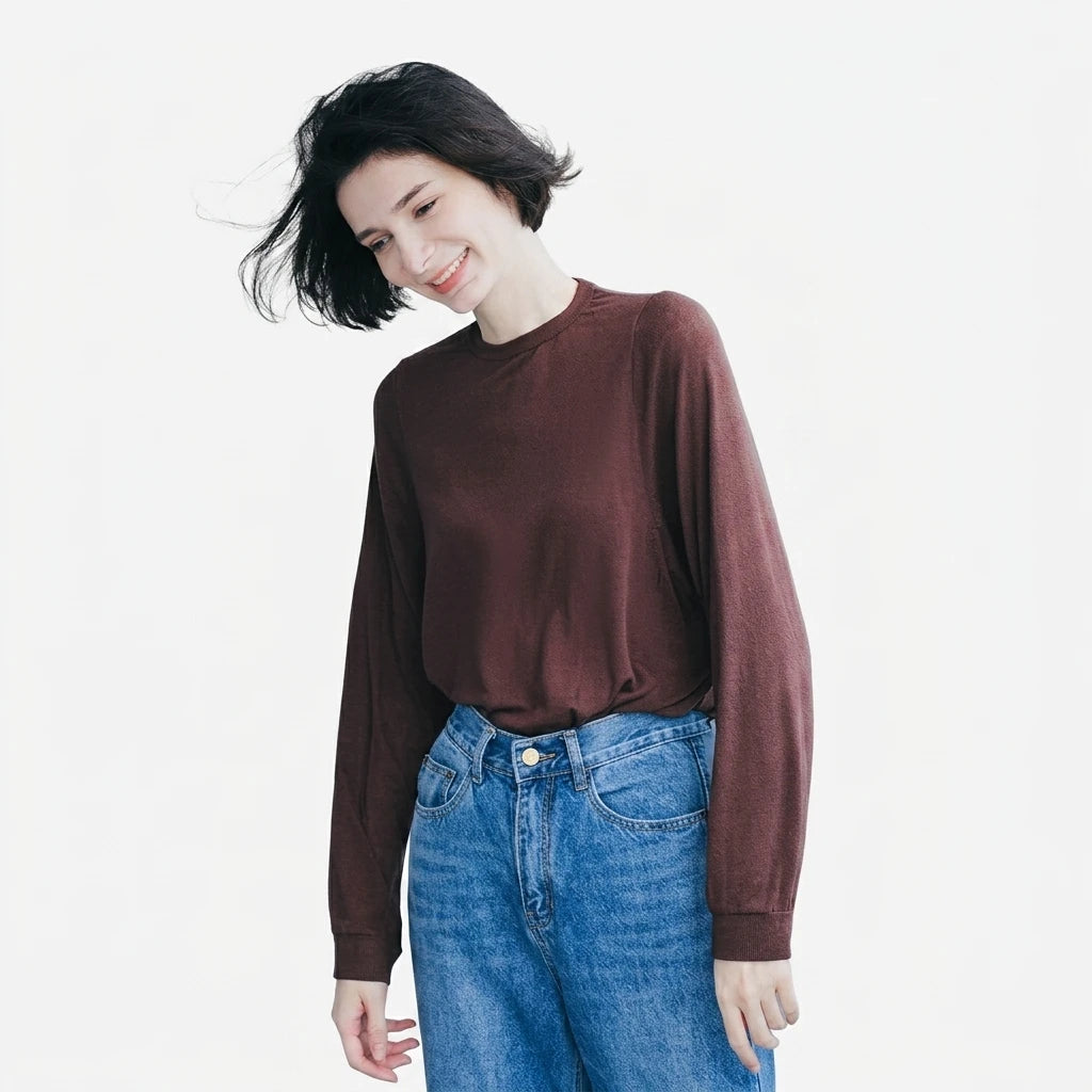 Comfortable Tencel Long Sleeve  Base Layer Trendy Slimming Loose   T-Shirt