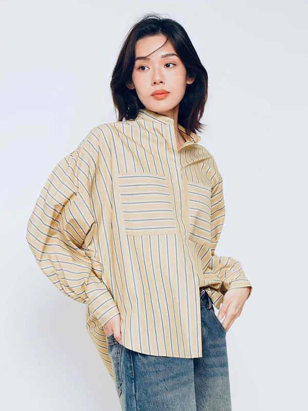 Women's Asymmetric Striped Button-Down Shirt - Loose Fit Casual Top