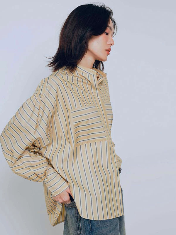 Women's Asymmetric Striped Button-Down Shirt - Loose Fit Casual Top