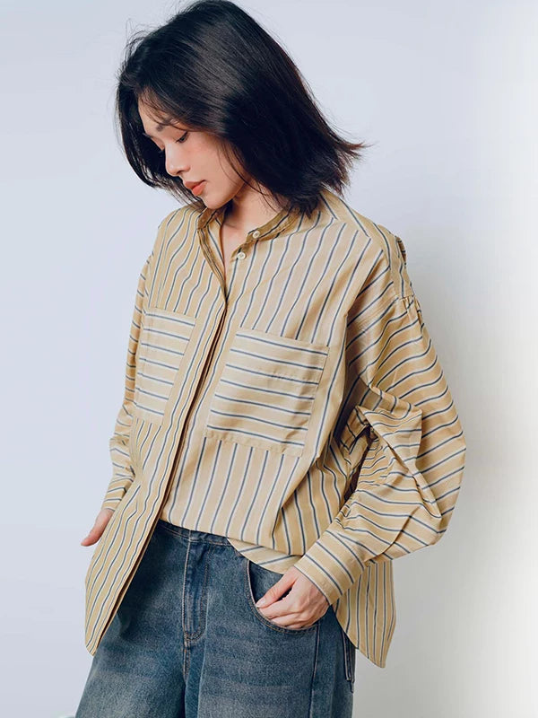 Women's Asymmetric Striped Button-Down Shirt - Loose Fit Casual Top