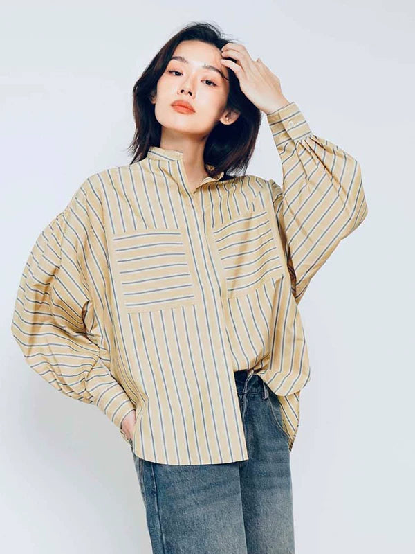 Women's Asymmetric Striped Button-Down Shirt - Loose Fit Casual Top