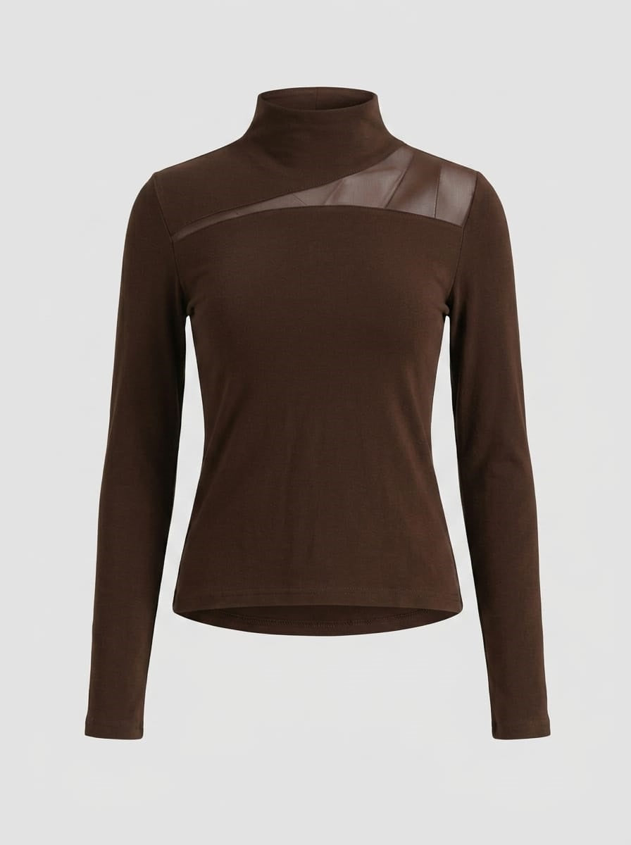Asymmetric Mesh Panel High Neck Fitted Long Sleeve Top - Black