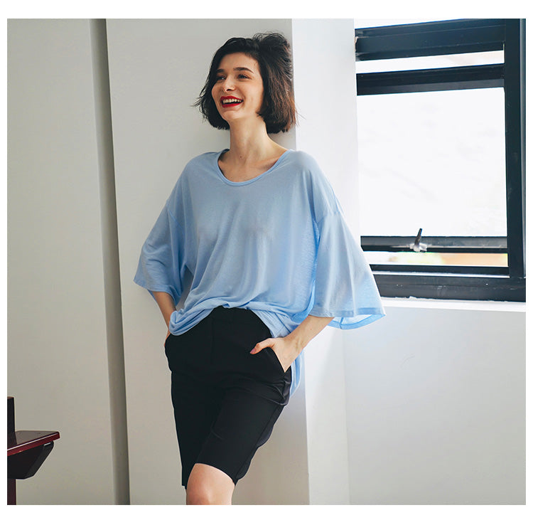 Women's Summer Loose Blue Mid-Length Top  Women's Short Sleeve T-Shirt