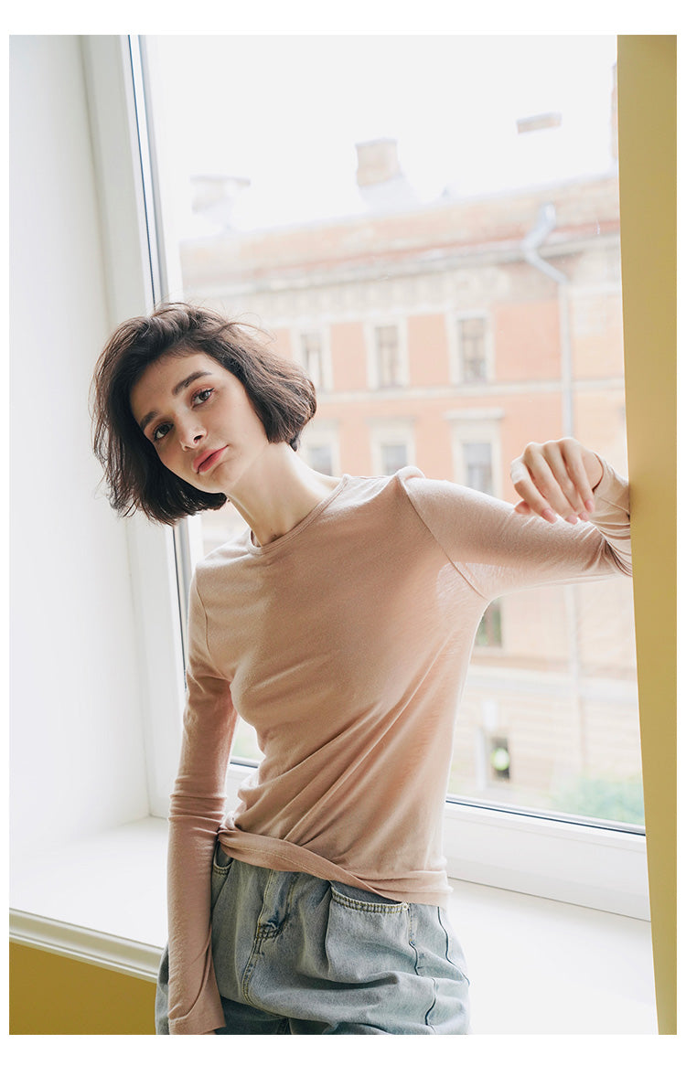 Woolen slim fit t-shirt for women in early, long sleeved knitted base sweater for women, thin cut