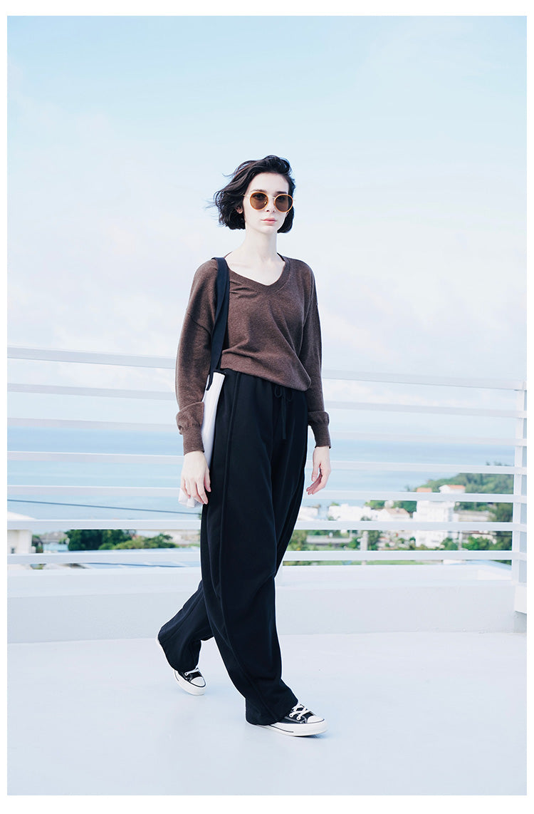 Thin loose cotton wool knitted pullover women's top V-neck undershirt women's knitted top long sleeved