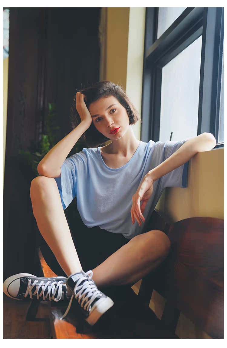 Women's Summer Loose Blue Mid-Length Top  Women's Short Sleeve T-Shirt