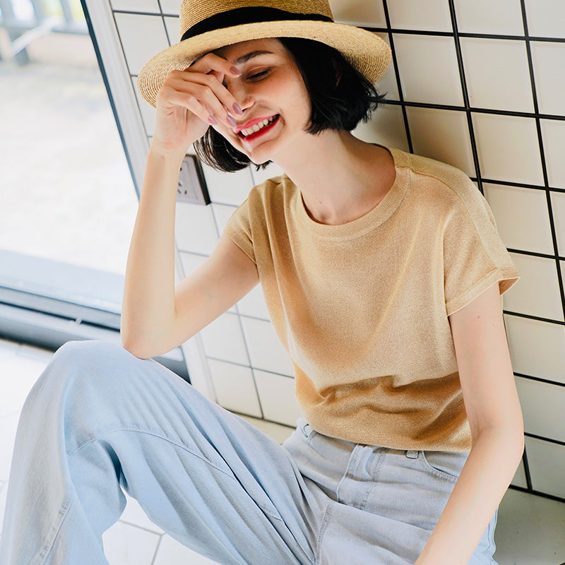 Gold Thread Blend Draped Knit Short Sleeve Women's Elastic Waist Top Summer New Solid Color t Women's Thin T-Shirt