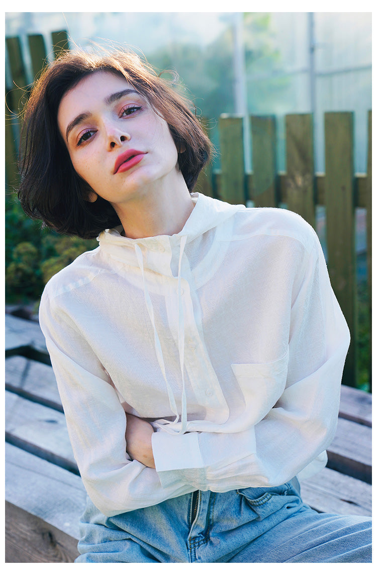 Tencel Linen Hooded Shirt for Women, Unique Design, White Loose-Fit Stylish Shirt for Women, New Autumn Long Sleeve
