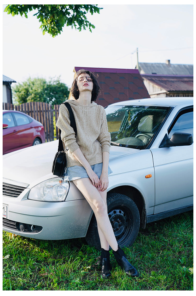 Women's Hooded Pullover Loose Fit  Knitted Top Long Sleeve Sweater