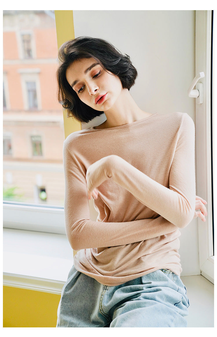 Woolen slim fit t-shirt for women in early, long sleeved knitted base sweater for women, thin cut