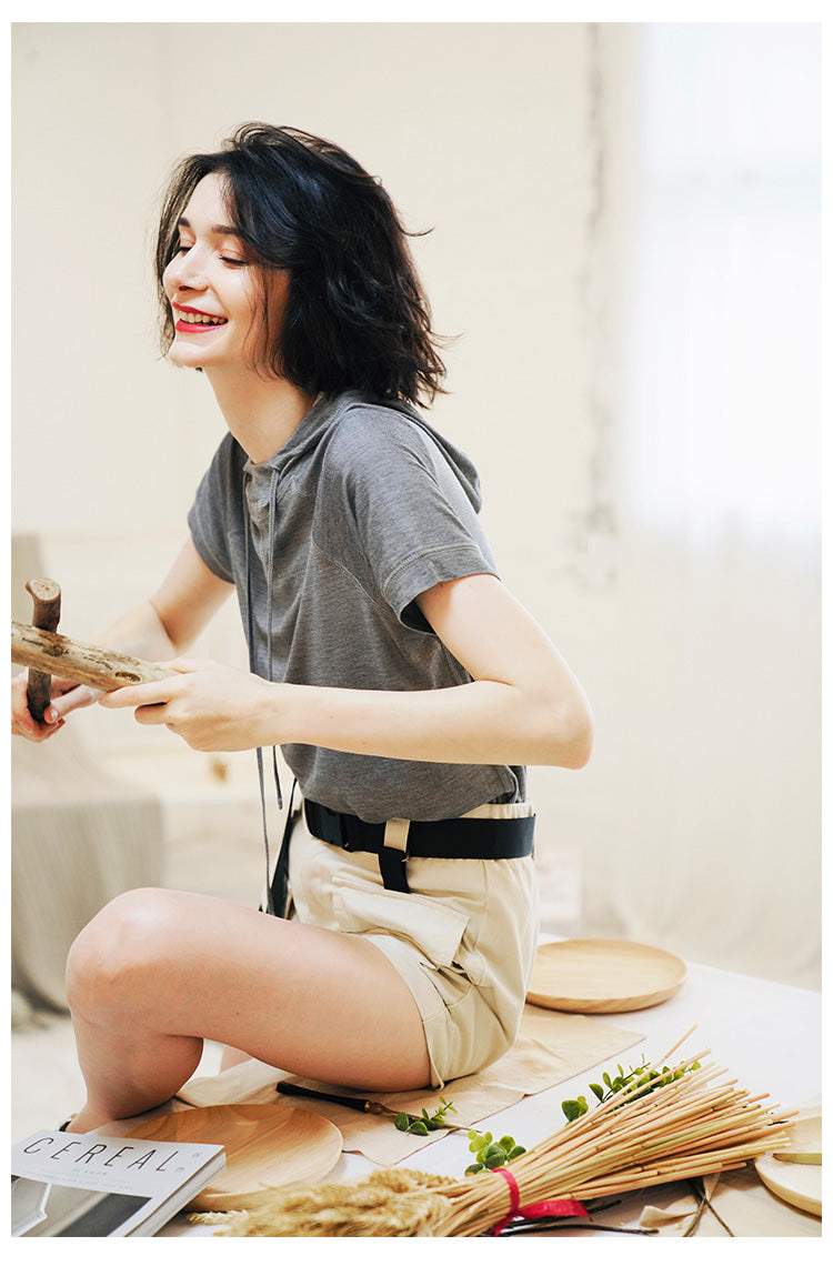 Vintage Style Short-sleeve for Women Skin-friendly trendy short-sleeve hooded shirt  Short Sleeve Women Style Trend  T-shirt
