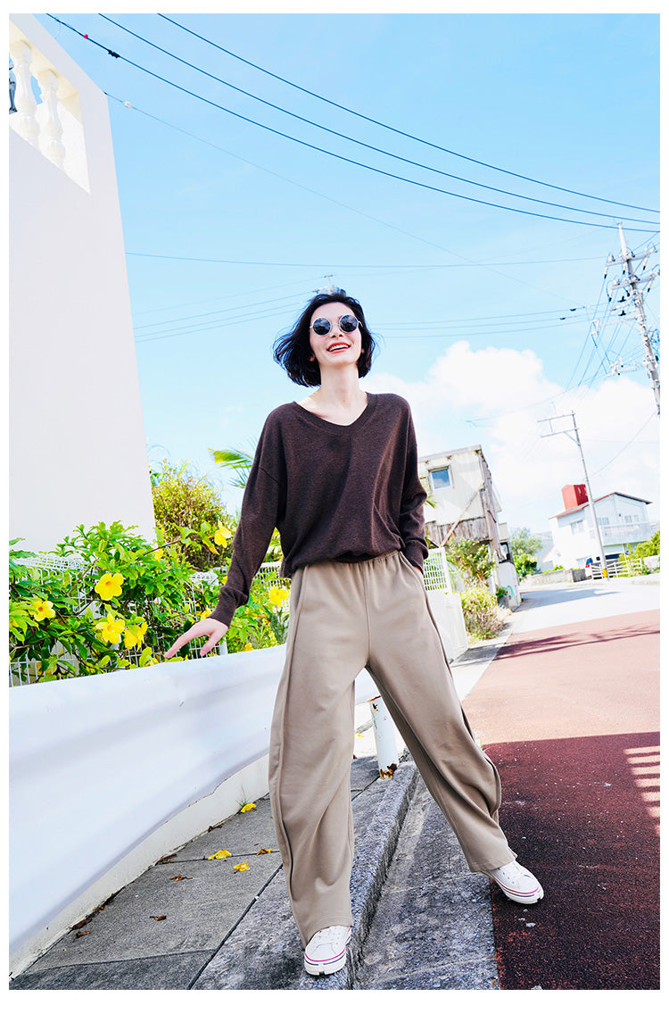 Thin loose cotton wool knitted pullover women's top V-neck undershirt women's knitted top long sleeved