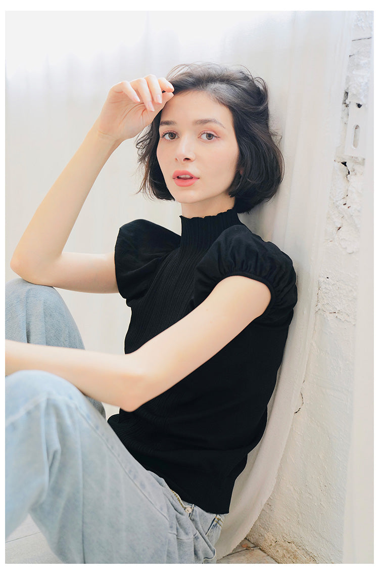 Half Turtleneck Knitted Autumn Top for Women Versatile Stylish Puff Sleeve Early Autumn Knitwear Short Sleeve Pullover Blouse