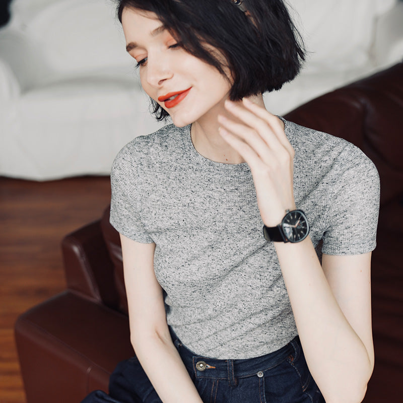 Women's round neck top short sleeved summer women's gray short sleeved women's T-shirt
