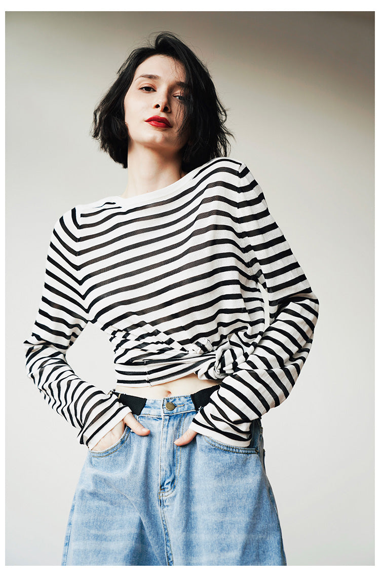 Knitted black and white striped T-shirt for women, casual, loose, fashionable, long sleeved top, trendy