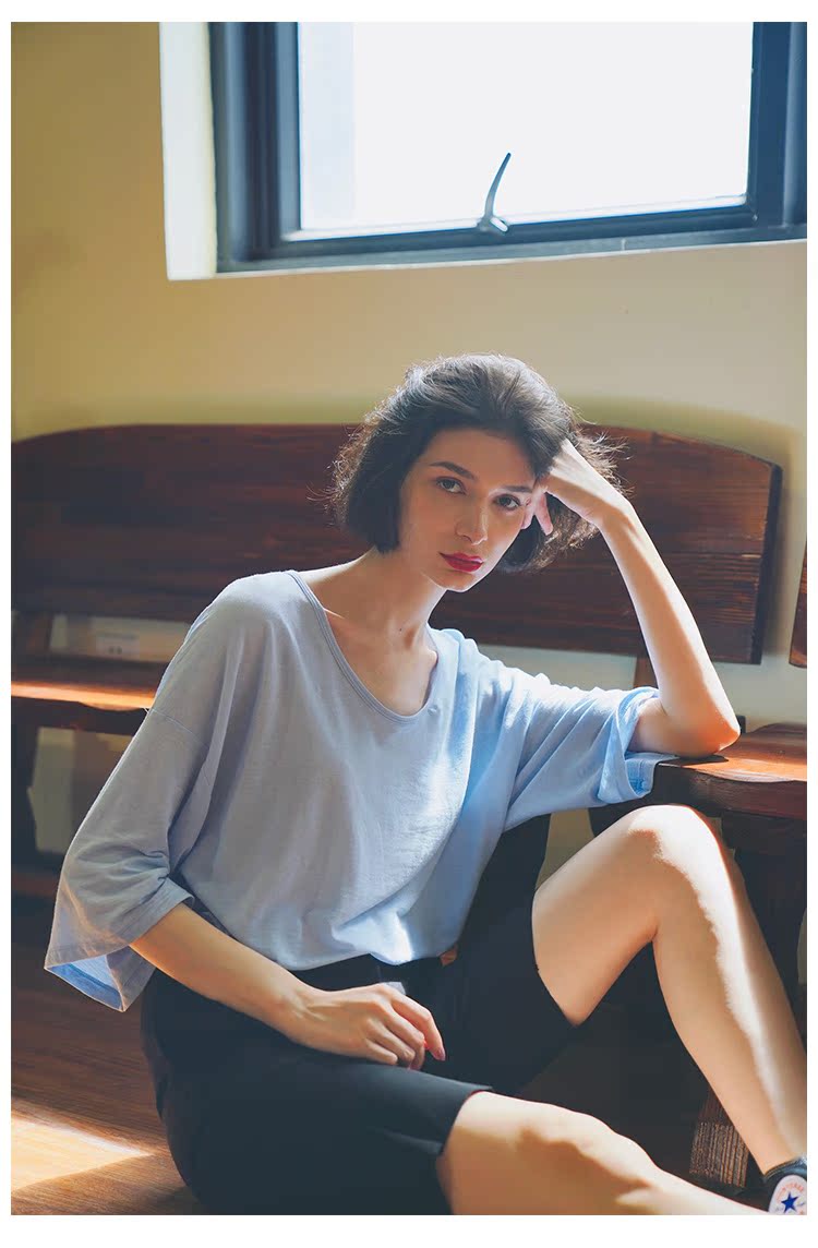 Women's Summer Loose Blue Mid-Length Top  Women's Short Sleeve T-Shirt