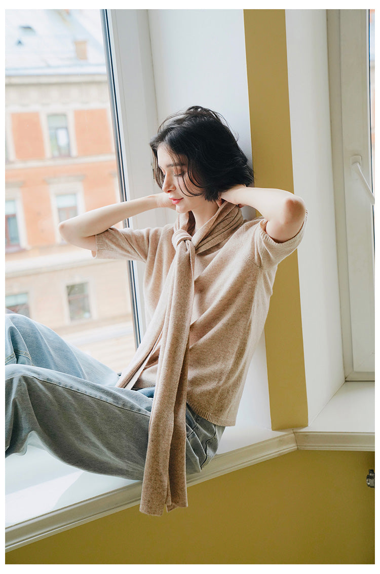 Merino Wool Autumn Women's New Loose Pullover Knitted Top Early Autumn Knitted Sweater Women's Short Sleeve with Scarf