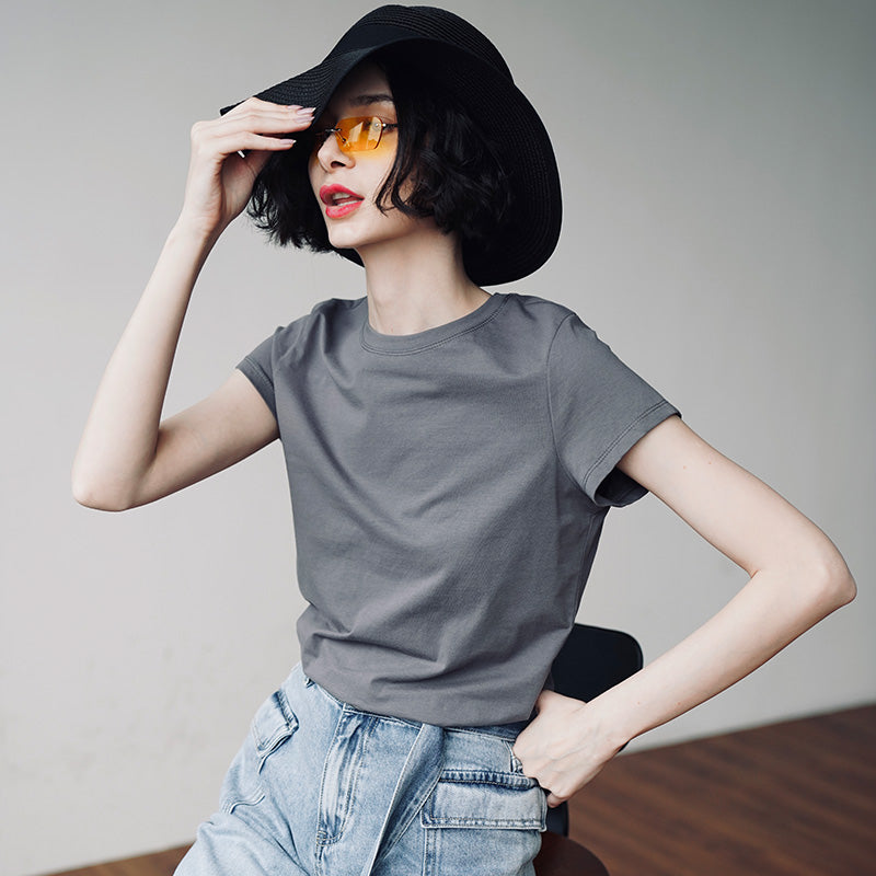 Versatile short sleeved solid color casual top summer t-shirt for women