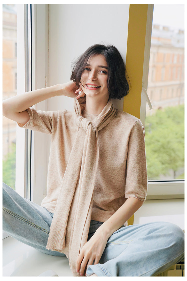 Merino Wool Autumn Women's New Loose Pullover Knitted Top Early Autumn Knitted Sweater Women's Short Sleeve with Scarf