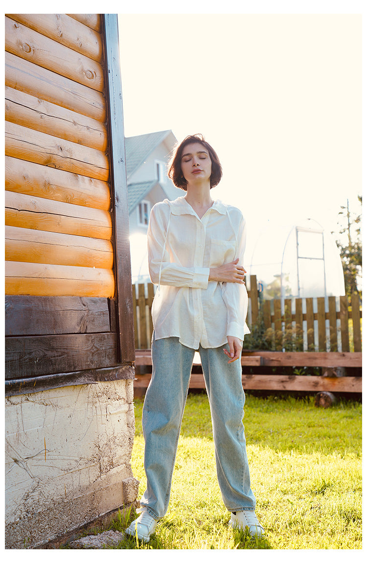 Tencel Linen Hooded Shirt for Women, Unique Design, White Loose-Fit Stylish Shirt for Women, New Autumn Long Sleeve