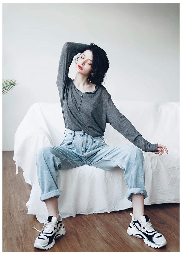 Temperament Knitted Women's Long Sleeve Summer Top Thin Black Grey Women's Loose Casual Sunscreen T-shirt