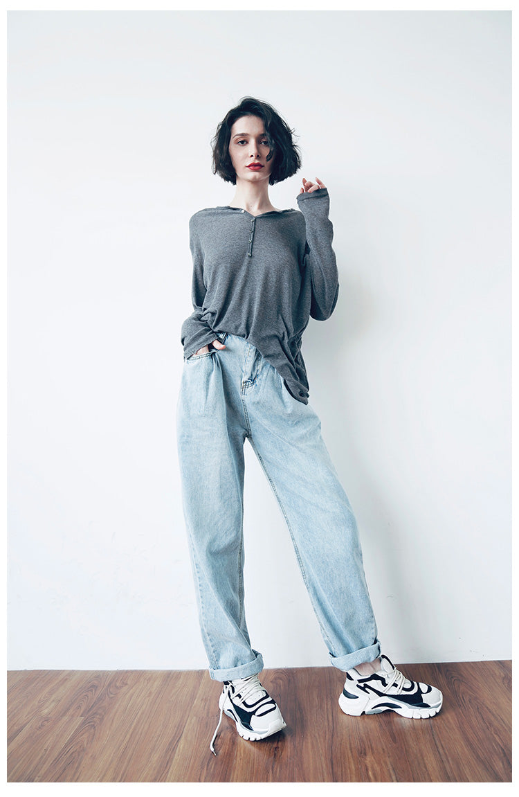 Temperament Knitted Women's Long Sleeve Summer Top Thin Black Grey Women's Loose Casual Sunscreen T-shirt