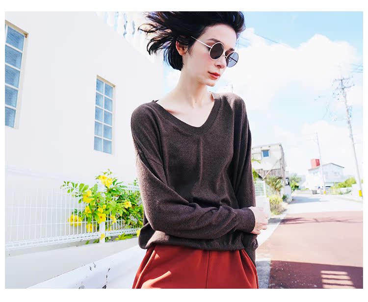 Thin loose cotton wool knitted pullover women's top V-neck undershirt women's knitted top long sleeved