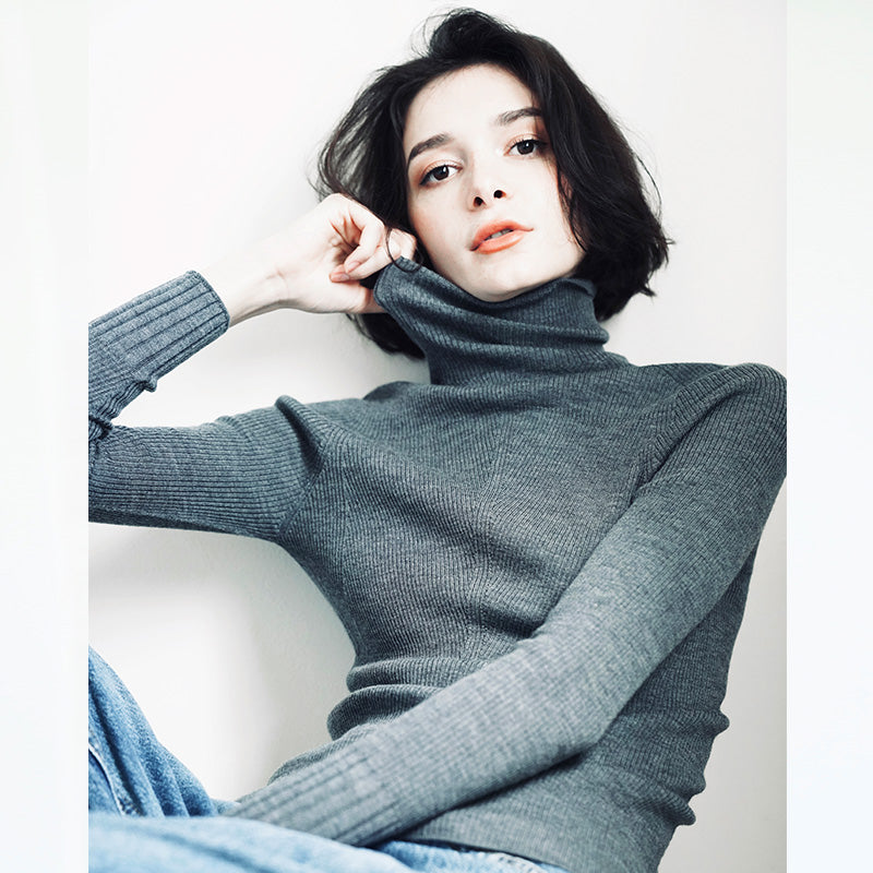 Wool Long Sleeve Thin Knitted Pullover Women's High Neck Slim Fit Base Shirt Inner Wear