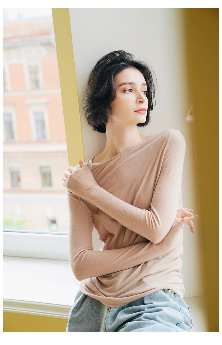 Woolen slim fit t-shirt for women in early, long sleeved knitted base sweater for women, thin cut