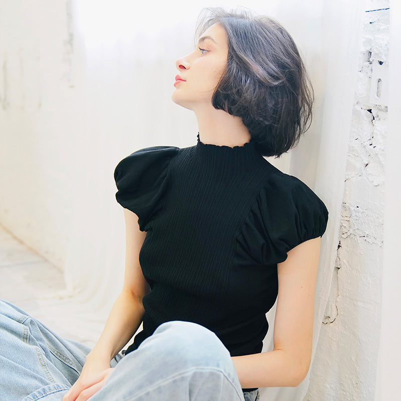 Half Turtleneck Knitted Autumn Top for Women Versatile Stylish Puff Sleeve Early Autumn Knitwear Short Sleeve Pullover Blouse