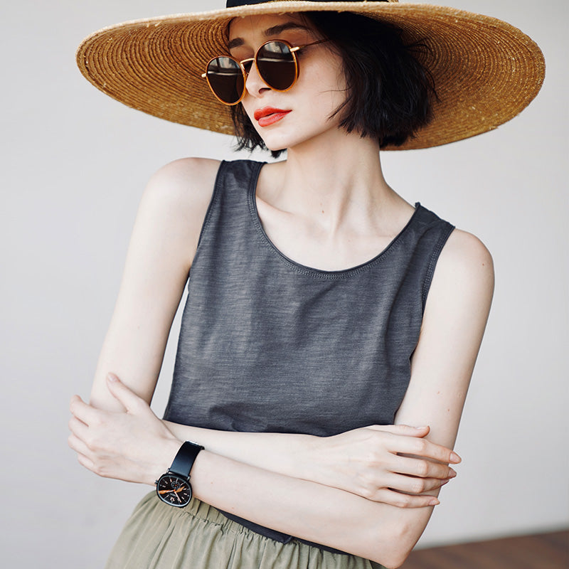 Versatile solid color casual rolled edge camisole, women's trendy sleeveless top, women's camisole