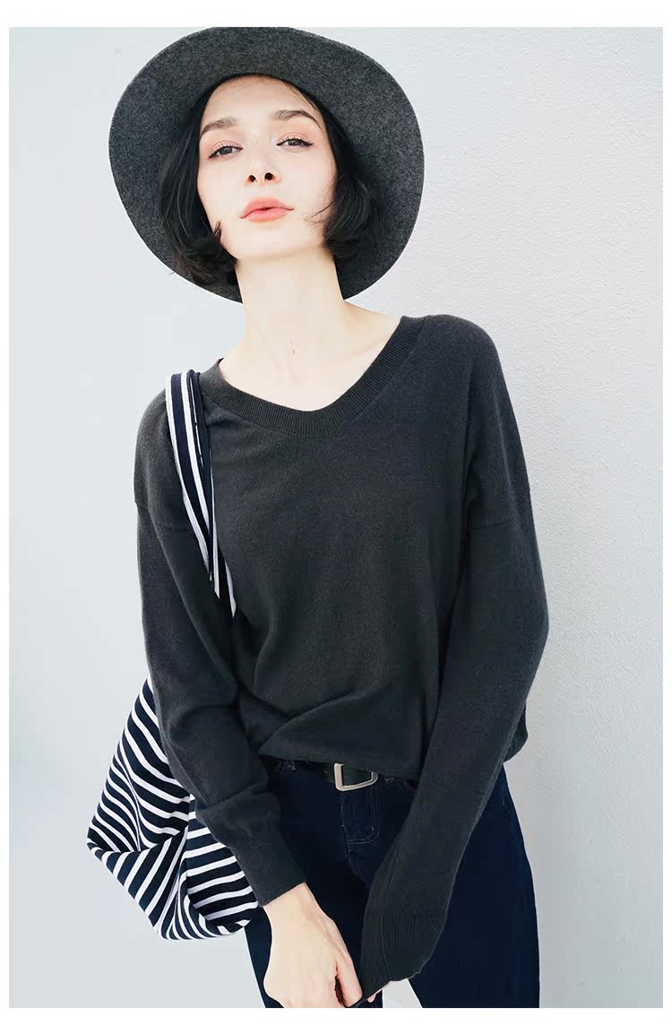Thin loose knitted pullover women's top V-neck base shirt women's knitted top women's long sleeved shirt