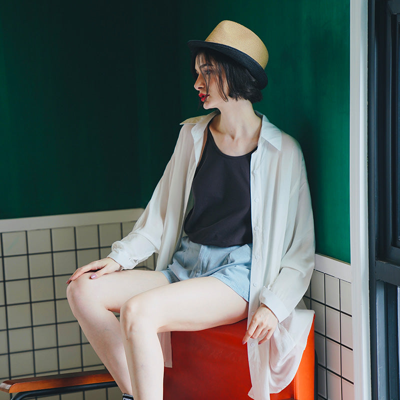 Skin-friendly Rayon Shirt for Women, Mid-length Loose Sunscreen Shirt, Long Sleeve Thin Square Neck Top for Women, Summer