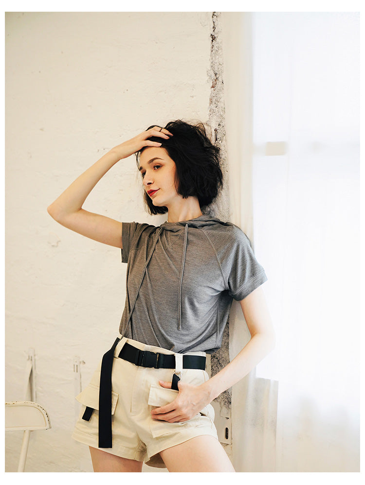 Vintage Style Short-sleeve for Women Skin-friendly trendy short-sleeve hooded shirt  Short Sleeve Women Style Trend  T-shirt